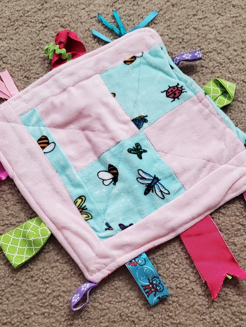 Pink Satin Tag Blanket with Colorful Ribbon Loops